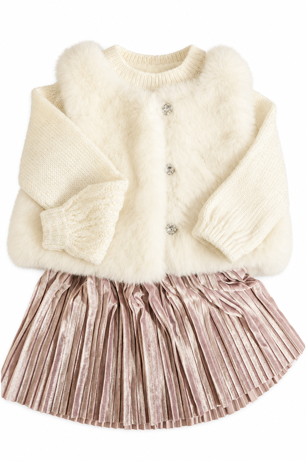 Chelsea-3 Piece Girl's Pleated  Skirt,Top & Faux Fur Vest Set (Size 2T)