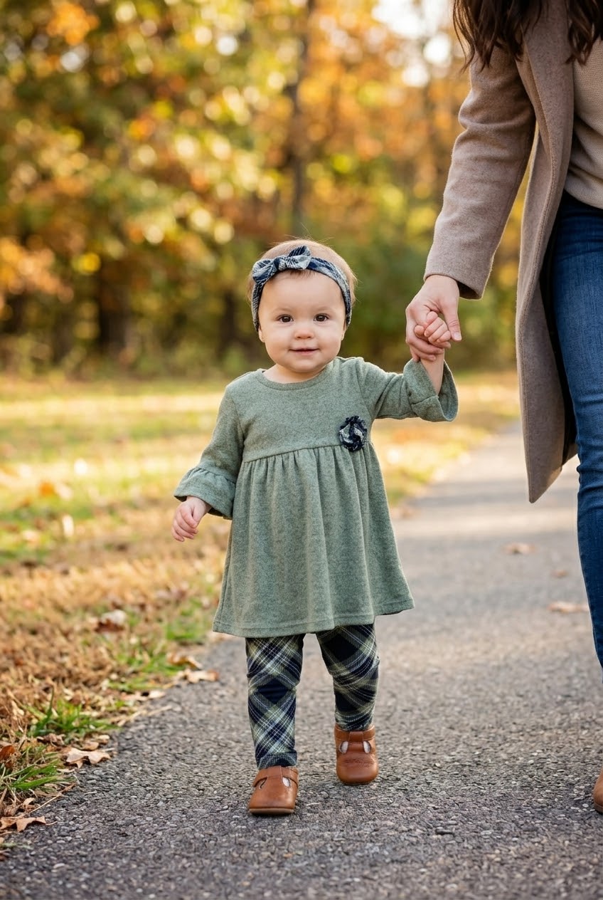 Janelle 2-Baby Olive Peplum Top/Navy Plaid Legging Set, Size 12 months