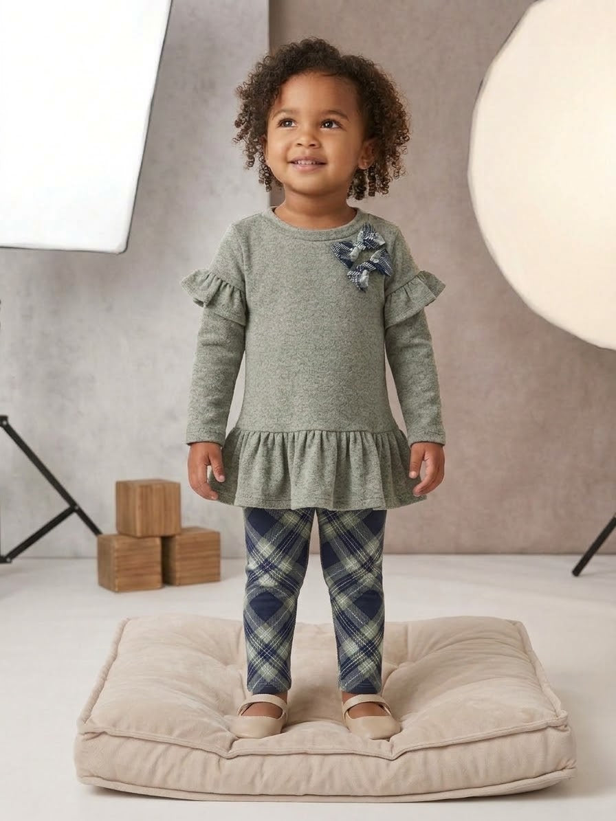 Janelle-Toddler Olive Peplum Top/Navy Plaid Legging Set, Size 2T,3T