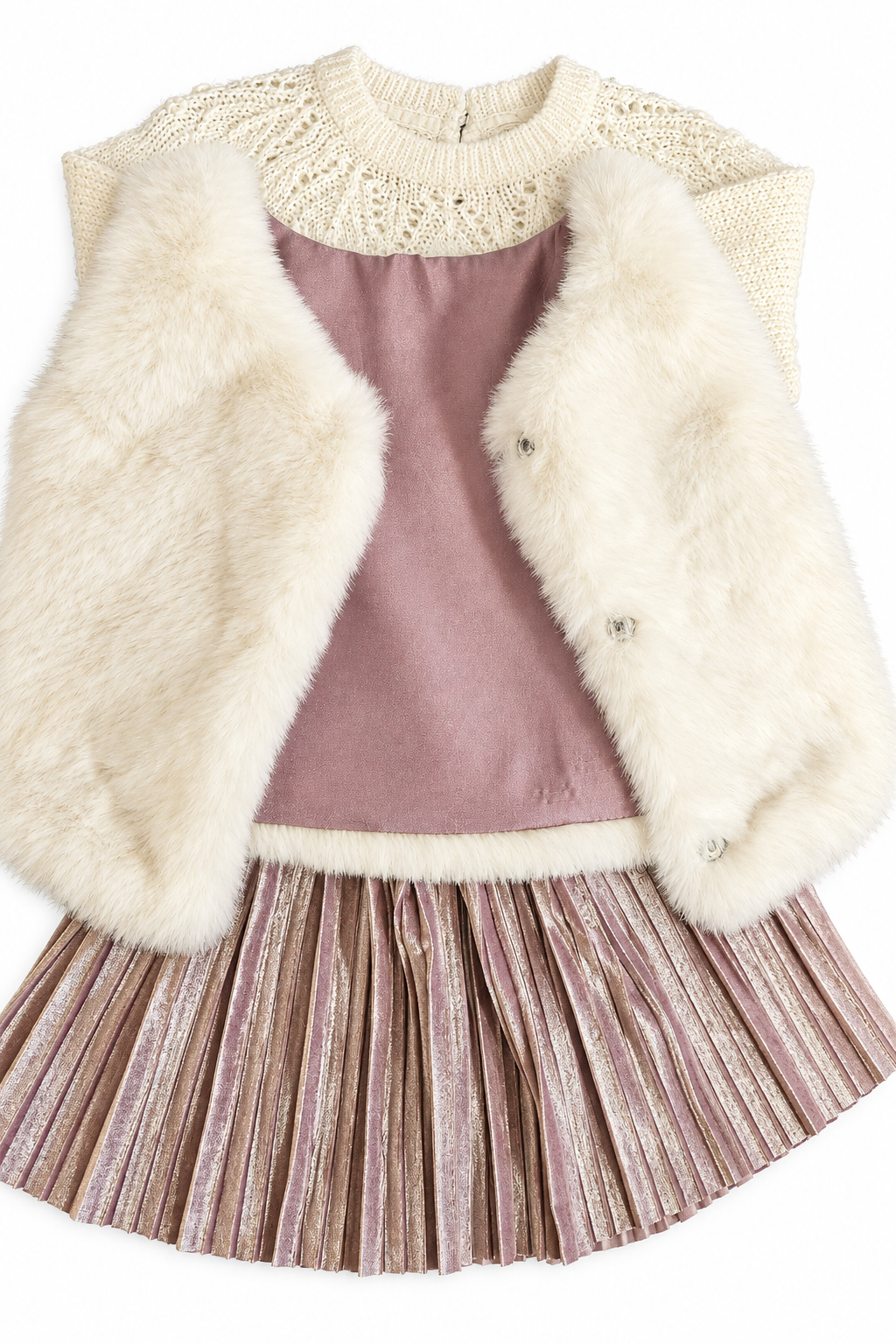 Chelsea-3 Piece Girl's Pleated  Skirt,Top & Faux Fur Vest Set (Size 2T)