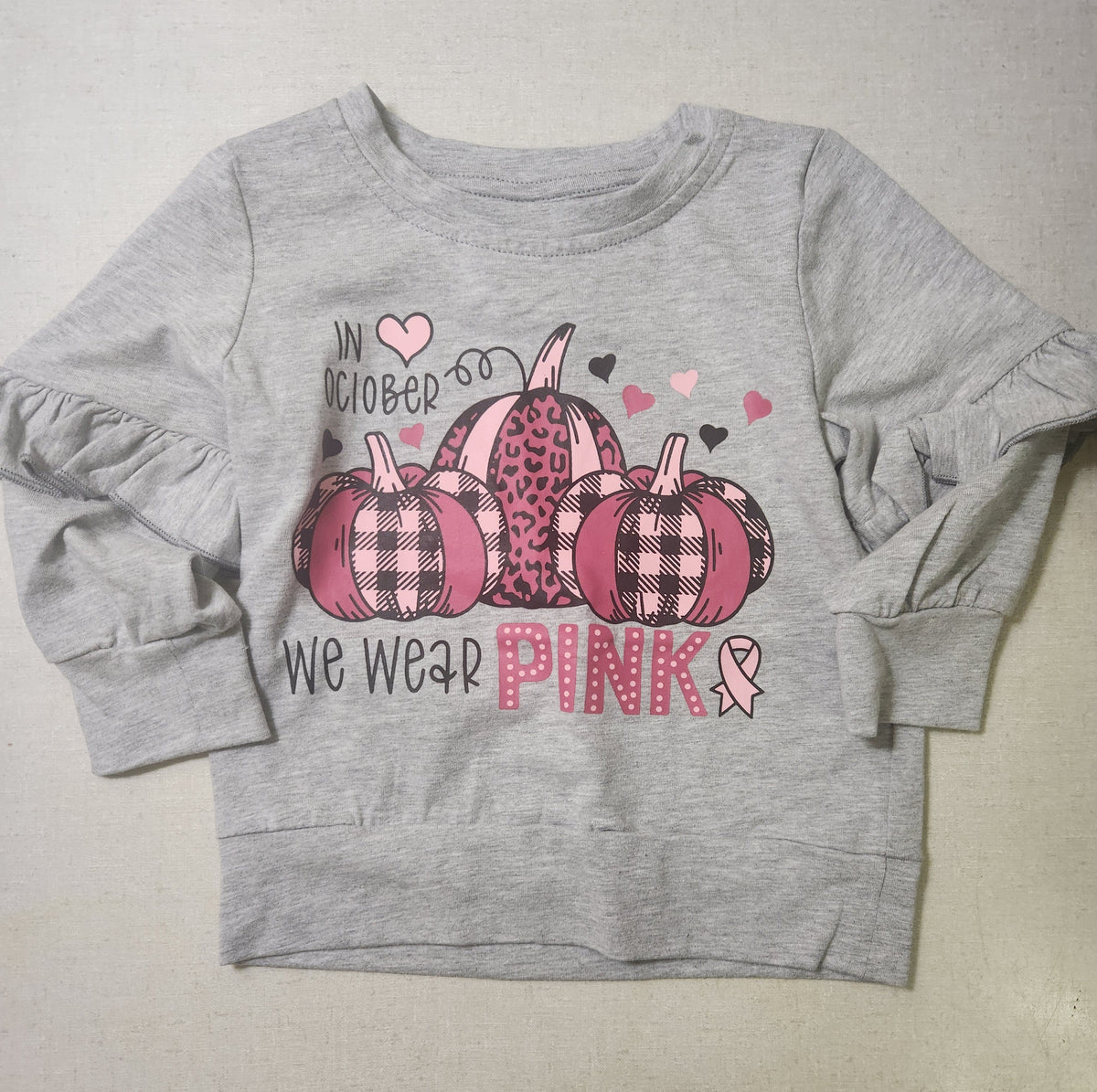Miriam-Breast Cancer Awareness Girl's Gray/Pink Top & Skirt Set(S-2XS)