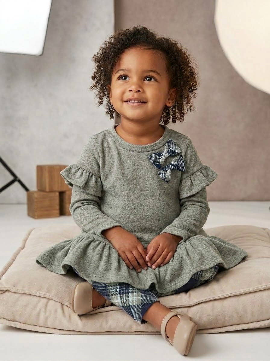 Janelle-Toddler Olive Peplum Top/Navy Plaid Legging Set, Size 2T,3T