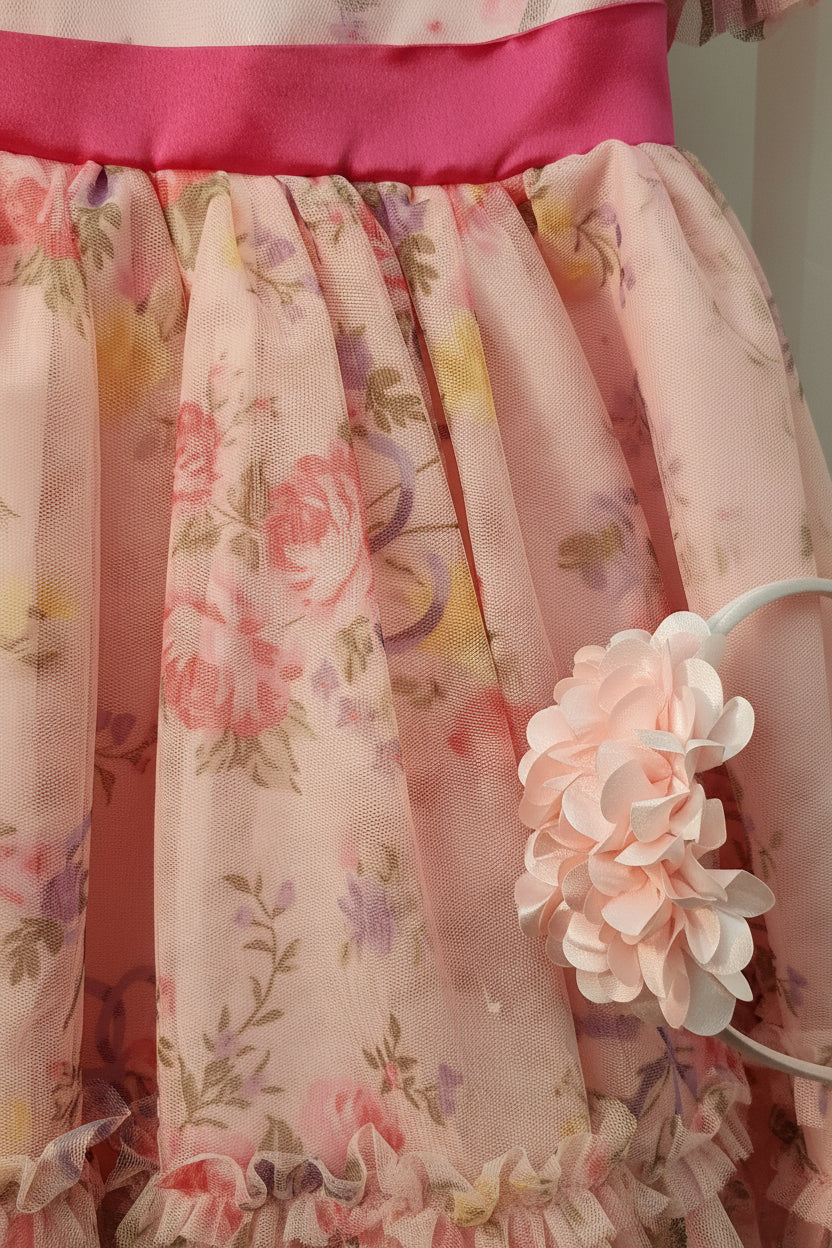 Floral dress with a pink ribbon and a floral headband on a light background