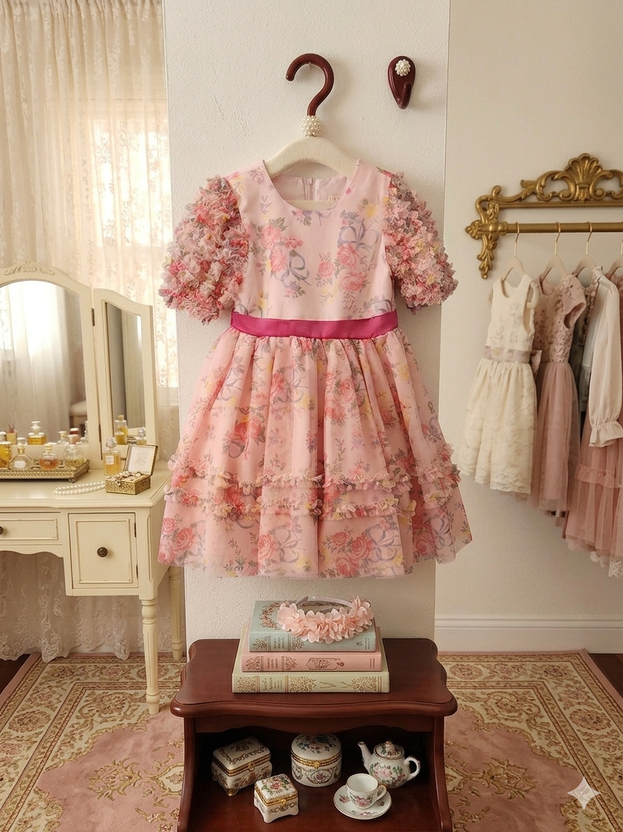 Floral dress with pink ribbon hanging on a hook in a room with a vanity and other dresses.