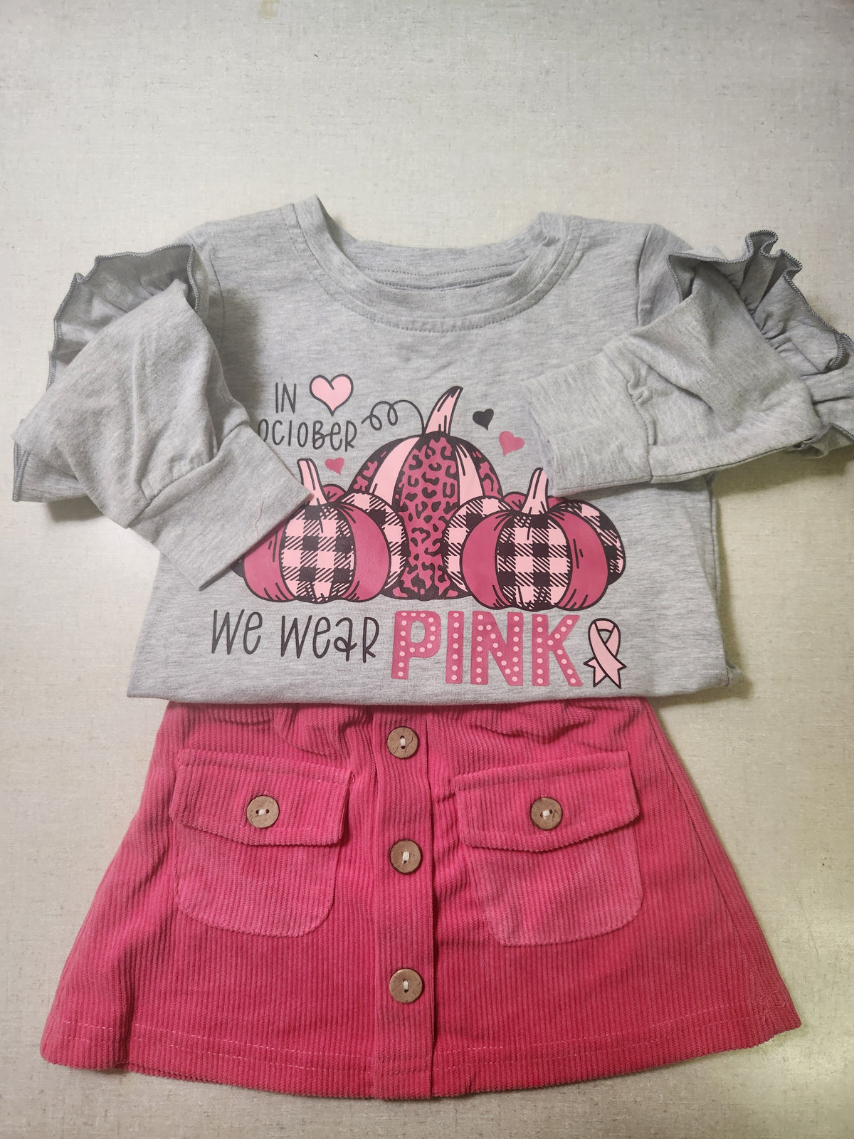Miriam-Breast Cancer Awareness Girl's Gray/Pink Top & Skirt Set(S-2XS)