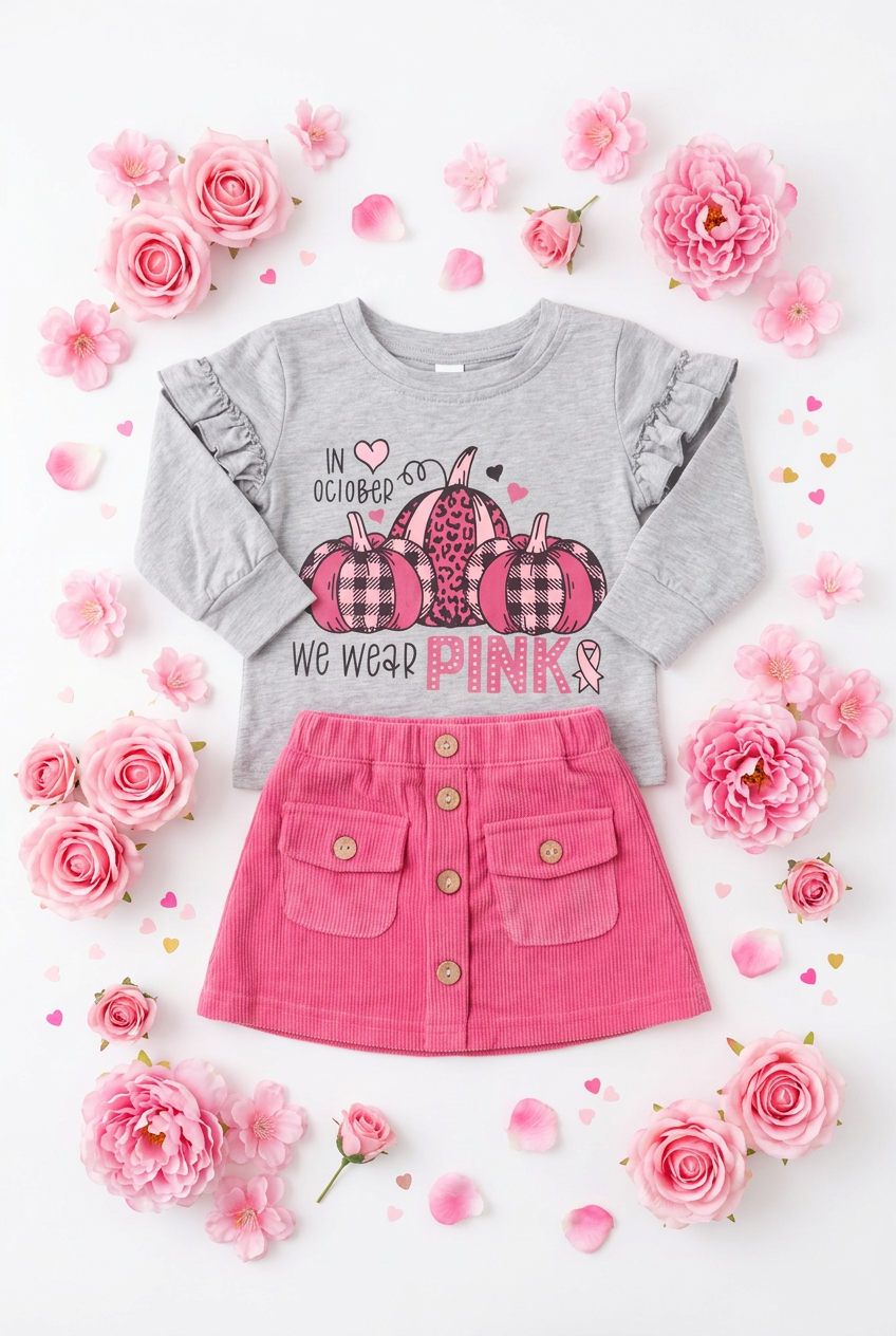 Miriam-Breast Cancer Awareness Girl's Gray/Pink Top & Skirt Set(S-2XS)