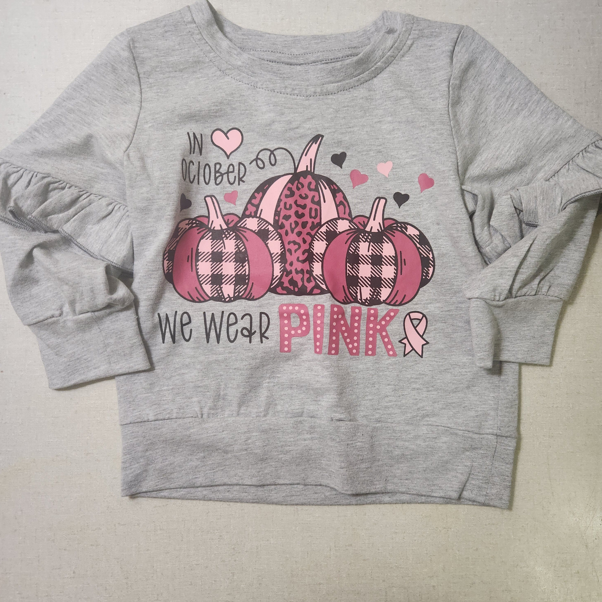 Miriam-Breast Cancer Awareness Girl's Gray/Pink Top & Skirt Set(S-2XS)