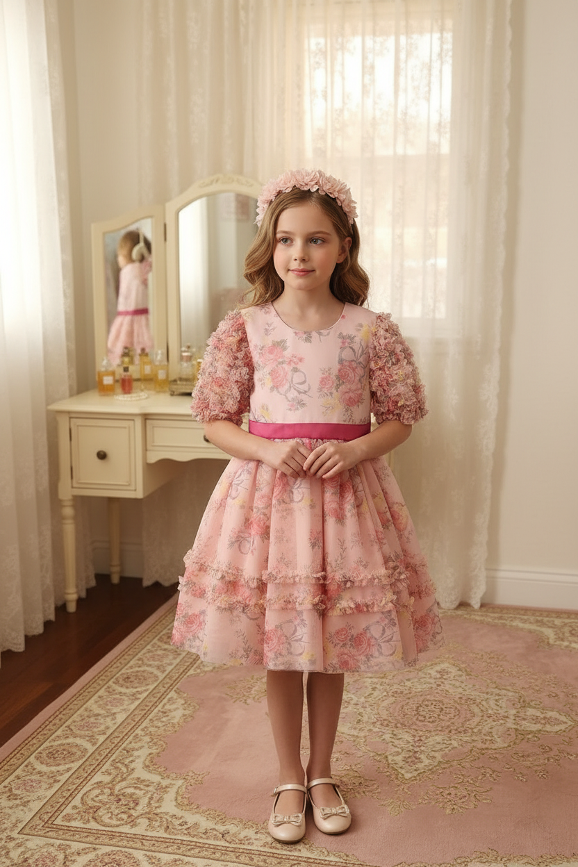 Floral dress with pink ribbon hanging on a hook in a room with a vanity and other dresses.