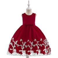 Addison Apple Red (Various Sizes) Burgundy red, center bow of same color 3D applique white and burgundy flowers at hem Girls' Dresses